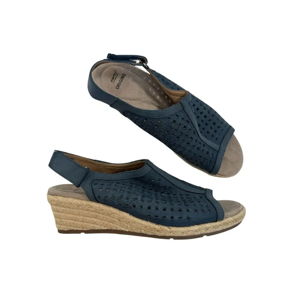 Earth Origins Blue Faux Leather Espadrille Wedges Womens 11 Beachy Sandal Vaca